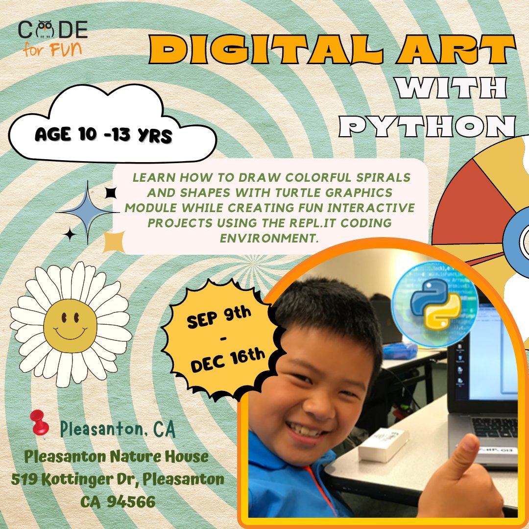 Codeforfun2's tweet image. Saturdays = Coding in Pleasanton! 🌟 Join our #GameMaker session at 11:15am (8-12yrs) & dive into Python arts at 12:45pm (10-13yrs). Let's create! zurl.co/HX3J #WeekendCoding
