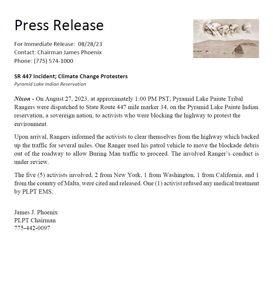 plpt's tweet image. Pyramid Lake Paiute Tribe Press Release regarding the SR 447 Incident; Climate Change Protesters. #plpt
