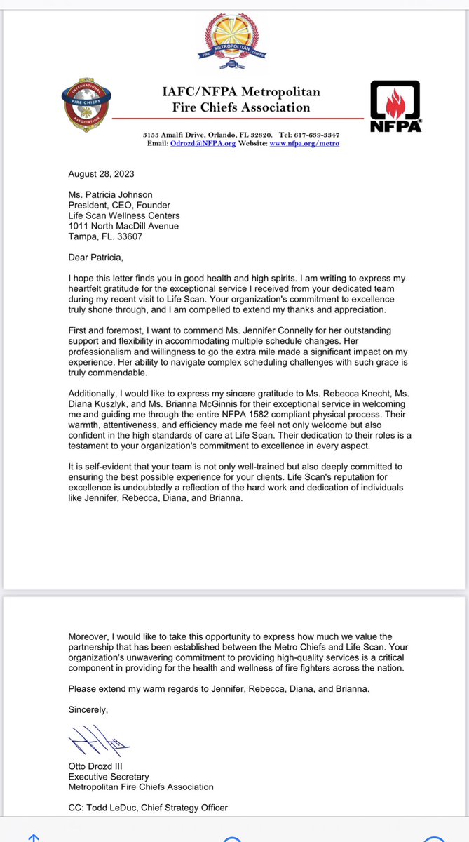 ToddJLeDuc's tweet photo. Thanks @ChiefOttoDrozd @NFPA @IAFC #MetroSection for your kind praise of our @LifeScanSaves staff and commitment to fire service health, wellness & survival! @fireengineering @IAFFofficial @PIOMarkBrady @5AlarmTaskForce @BillyGoldfeder @FD_Observer @Jefffire89 @floridaFFsafety https://t.co/cQP7aSUV4A