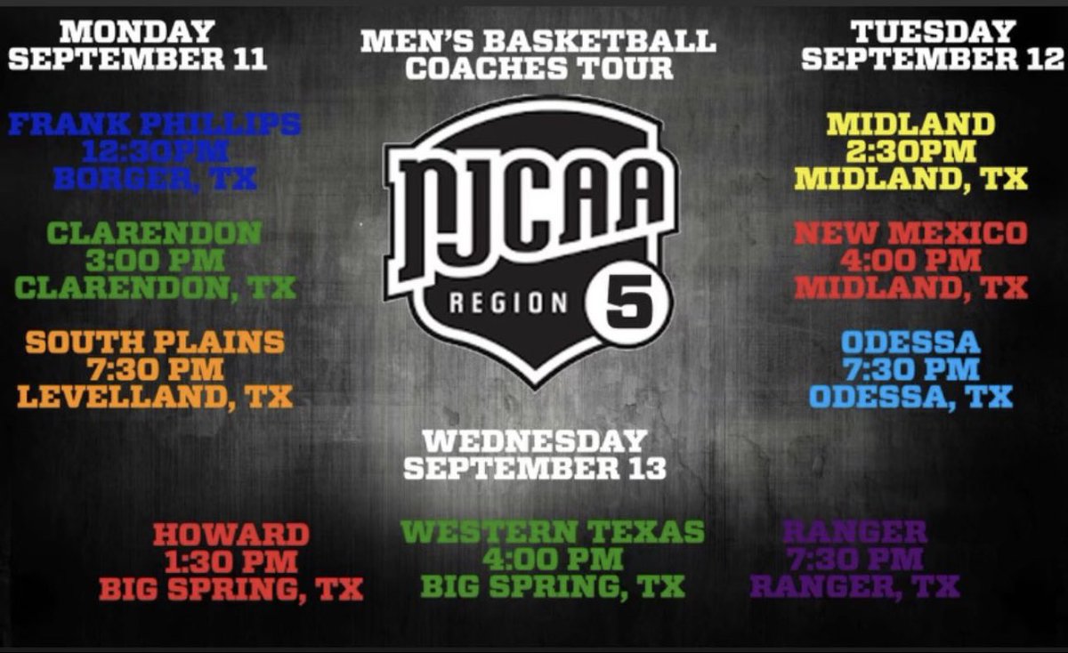 Region 5 coaches tour Sept 11-13 Sept 11 @FPC_MBB @ClarendonHoops @SPCTexanMBB Sept 12 @MidlandMbb @NewMexicoJCMBB @OdessaMBB Sept 13 @HowardHoops @WTCBasketball @RangerMbb