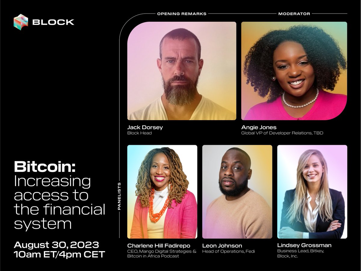 Join us on 8/30 at 7am PT/10am ET for a panel featuring @jack, @techgirl1908, @ltgrossman, @CharFadirepo & @leonjohnson to discuss how new technologies are lowering bitcoin’s barriers to entry and driving global financial inclusion. block-xyz.brandlive.com/bitcoin/en