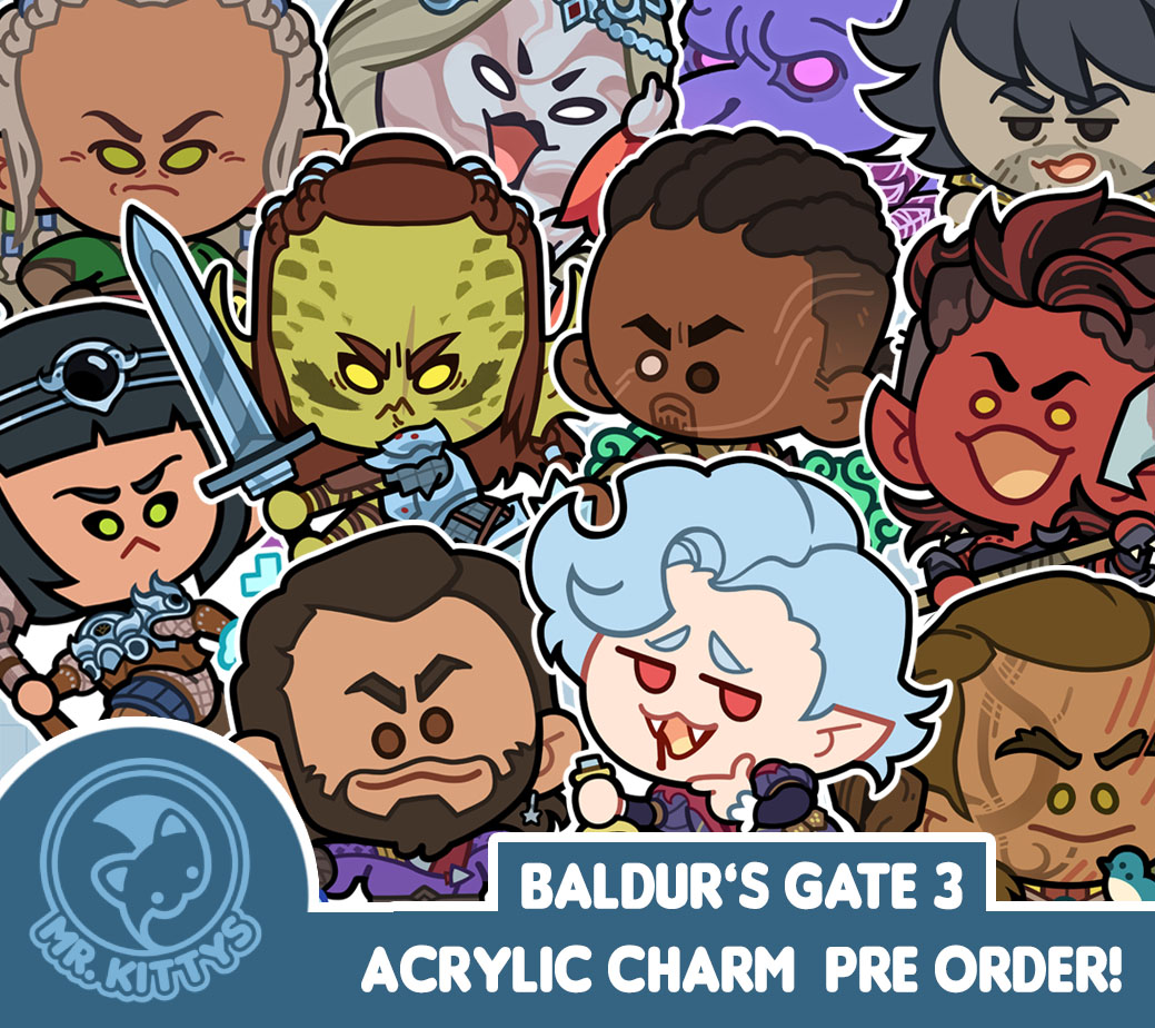 ItsMrKittys's tweet photo. HELLO ALL, Mr. Kittys is cooking up some Baldur's Gate charms! The fellers gotta bake for a bit so these are for PRE ORDER. More info below!: https://t.co/k4wCaERDoS