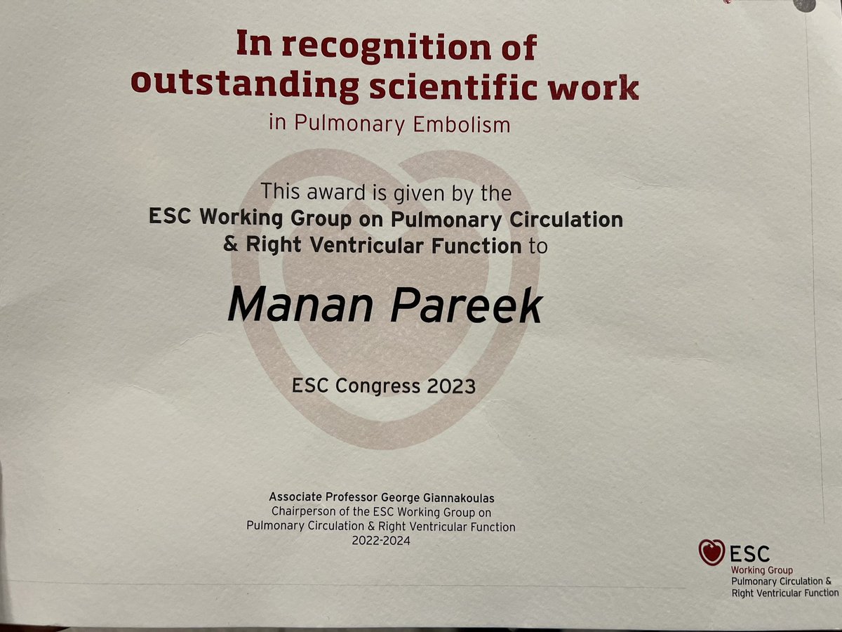 Very delighted to have received this recognition from @escardio for our abstract on hsTnT and mortality in patients with PE #ESCCongress #DCS_ESC23 @CopCard @RigsHeart @CIRL_DK @DLBHATTMD @mvaduganathan @TorBiering @KragholmK