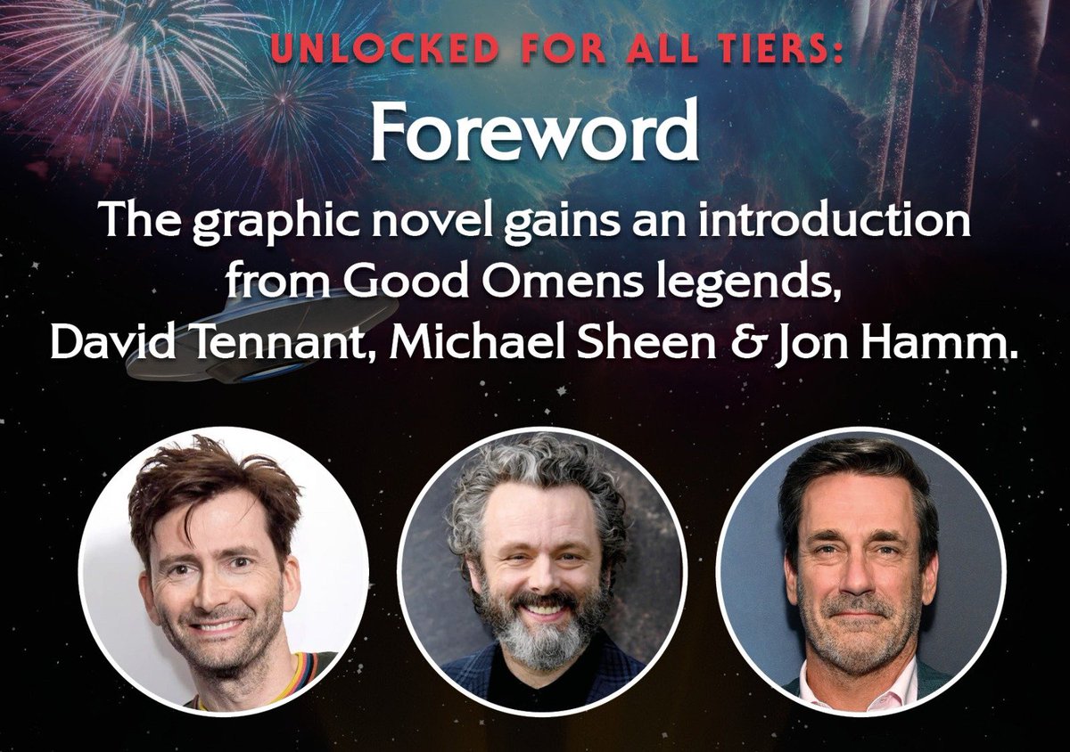 It takes two half miracles to hide an Archangel, but three to do a foreword: thanks to you all smashing the £2m stretch goal on the Good Omens graphic novel, we're delighted to add the ineffable *trio* of @michaelsheen, David Tennant & Jon Hamm. 👉 bit.ly/GoodOmensGN