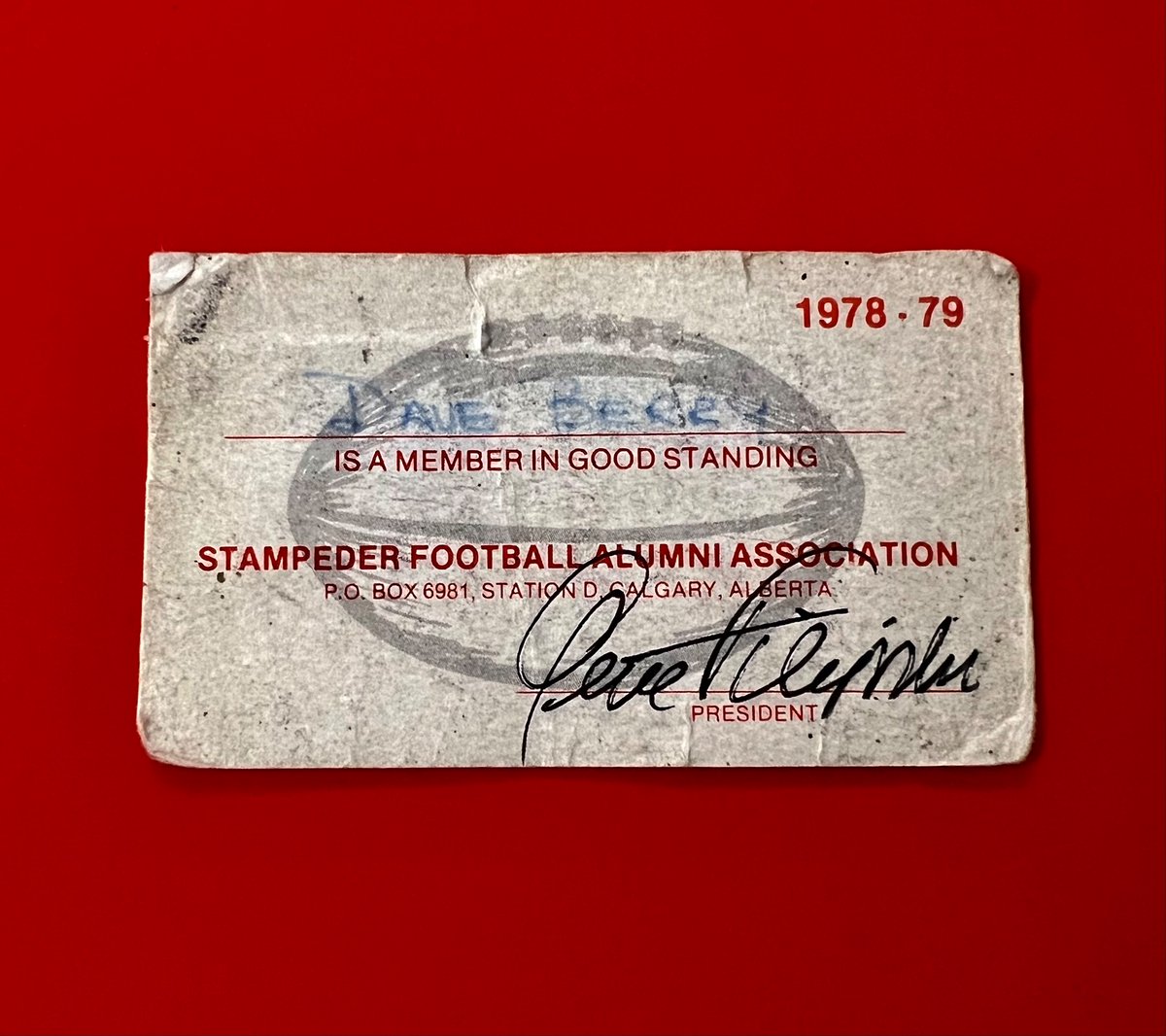 This is the 1978-79 Calgary Stampeder Alumni Association membership card of end Dave Berry (33). Dave played for Stampeders for 6 years (1946-51). He never missed a game, playing in 70 regular season, 8 playoff and 2 Grey Cups. He was a starter on the undefeated 1948 champions.