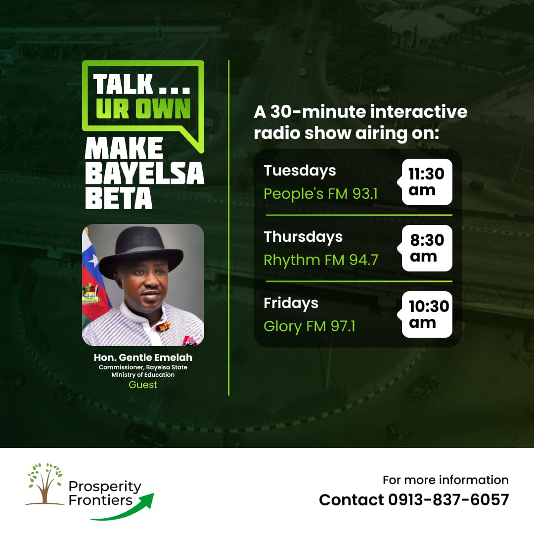 TalkYourOwnBY's tweet photo. Tune in on Tuesday 29th August 2023 at 11:30 am for another episode of Talk Your Own Make Bayelsa Beta on People's FM 93.1 with the Hon. Dr Gentle Emelah on how the Prosperity Government is reshaping the education sector in Bayelsa State Part 2.

#talkyourown #makebayelsabeta https://t.co/HkIm9uAERO