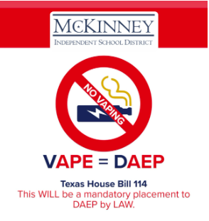 JKPeirson's tweet photo. On September 1, House Bill (HB) 114 will go into effect. HB 114 requires that school districts implement a mandatory DAEP placement for students found in possession of, using, selling, giving, or delivering e-cigarettes on school grounds or at a school related event. https://t.co/nMXh0EQfBv