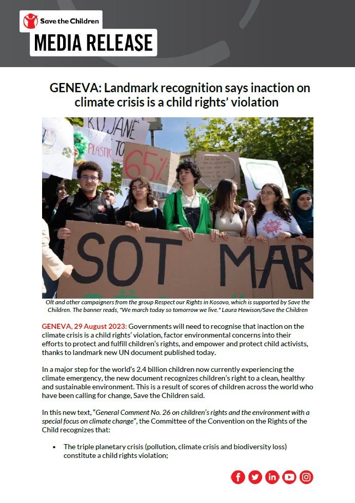 SaveAusNews's tweet photo. MEDIA RELEASE: Landmark #UN recognition that inaction on the #climatecrisis is a child rights’ violation. Today's document recognises children’s right to a clean, healthy &amp; sustainable environment. #GeneralComment26 https://t.co/tvuaJ8ZP1r