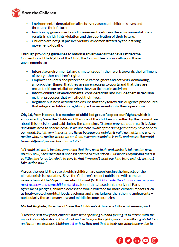 SaveAusNews's tweet photo. MEDIA RELEASE: Landmark #UN recognition that inaction on the #climatecrisis is a child rights’ violation. Today's document recognises children’s right to a clean, healthy &amp; sustainable environment. #GeneralComment26 https://t.co/tvuaJ8ZP1r