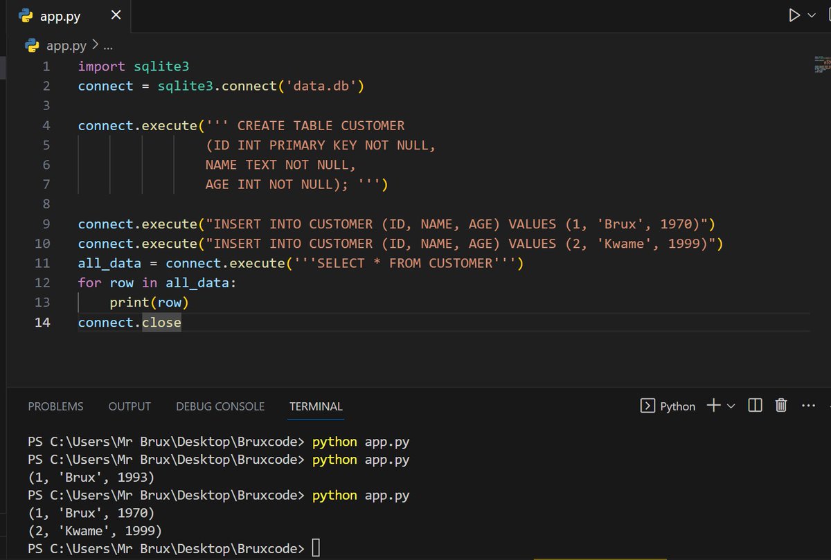 bruxemmagh's tweet image. Day 45 of #100daysofcodechallenge .
Today&apos;s project is more of creating a database in Python. Have imported the #sqlite3 which comes with Python and worked some few magics 😁😁.
#Python #programming