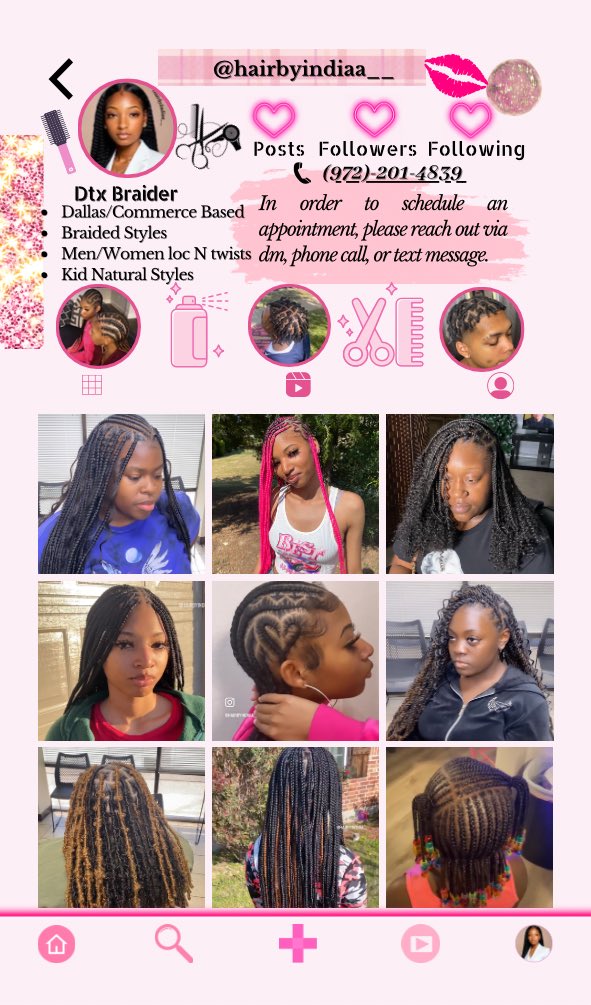 IamIndiaa__'s tweet photo. Hi!💕 I’m a hair braider located in the Dallas and Commerce Tx area. I provide services including but not limited to braids and loc styles.
Start your school year off with with a bang.✨ Student discounts are included in pricing .💕 #commercetx #commercebraiders #dtx https://t.co/ER5z2qpzBr