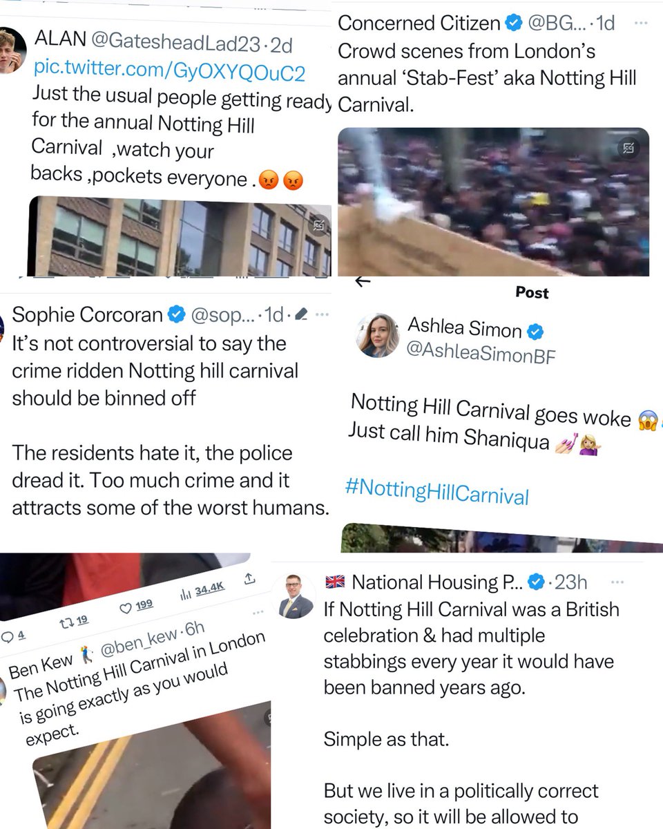 Inflammatory shit-posting about Notting Hill Carnival. 

I’m wondering how many of those folks have actually *been* to it? 
#notallracists