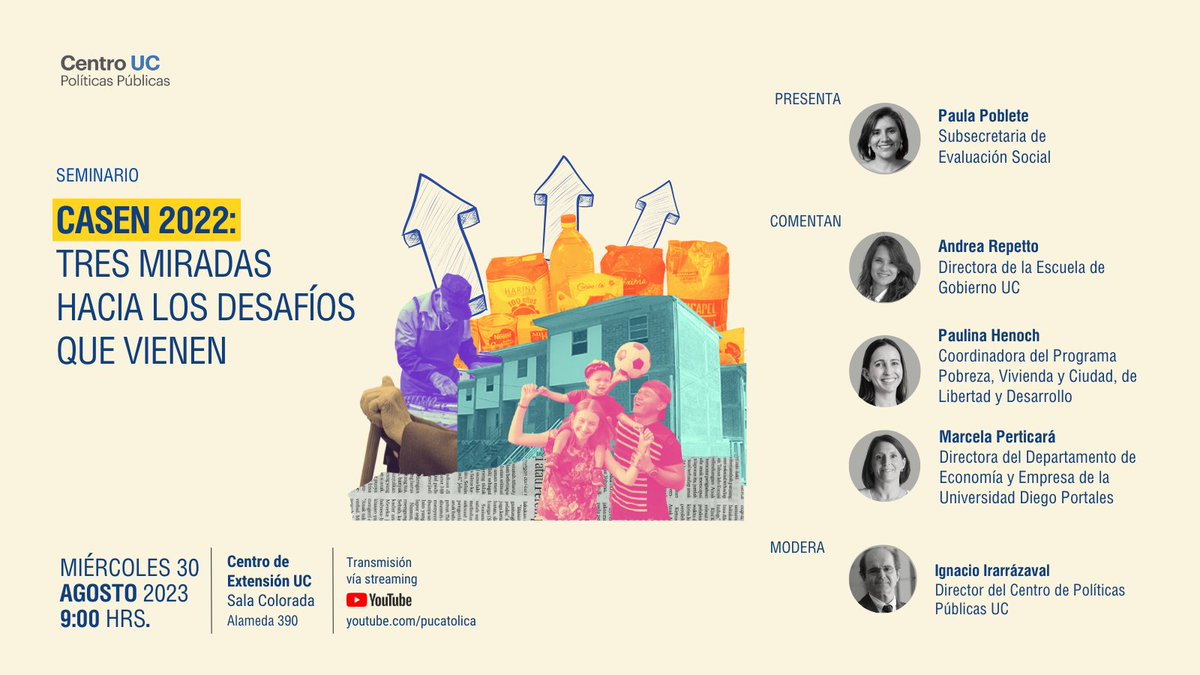 cppublicasuc's tweet photo. Este miércoles / 9 hrs. / La @subsevalusocial Paula Poblete (@p_poblete_m) presenta los resultados de la #CASEN2022. Participa Andrea Repetto @GobiernoUC, Paulina Henoch @LyDChile, Marcela Perticará @udp_cl y nuestro director @Ignacio_Irarraz. Inscríbete: https://t.co/P7oIX6jO6s https://t.co/CwOMOiHyj7