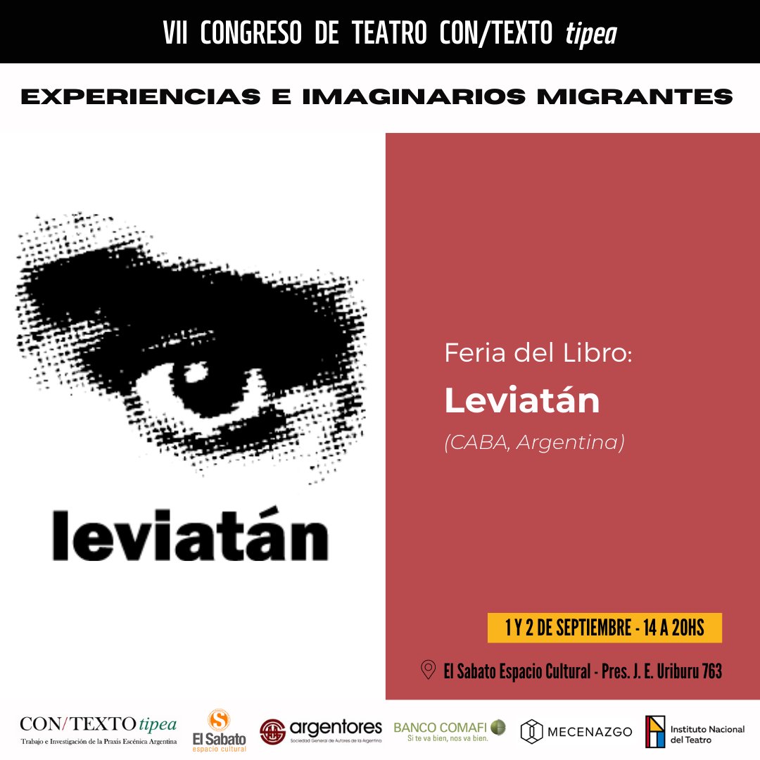CONTEXTOtipea's tweet photo. VII Congreso de Teatro #CONTEXTOtipea

"Experiencias e Imaginarios Migrantes"

FERIA DEL LIBRO TEATRAL
@LEVIATAN

📌 1 y 2 de septiembre - 14 a 20hs
@Elsabatofceuba 

🎟️ Entrada Libre y Gratuita. https://t.co/XLZ8VPOZAI