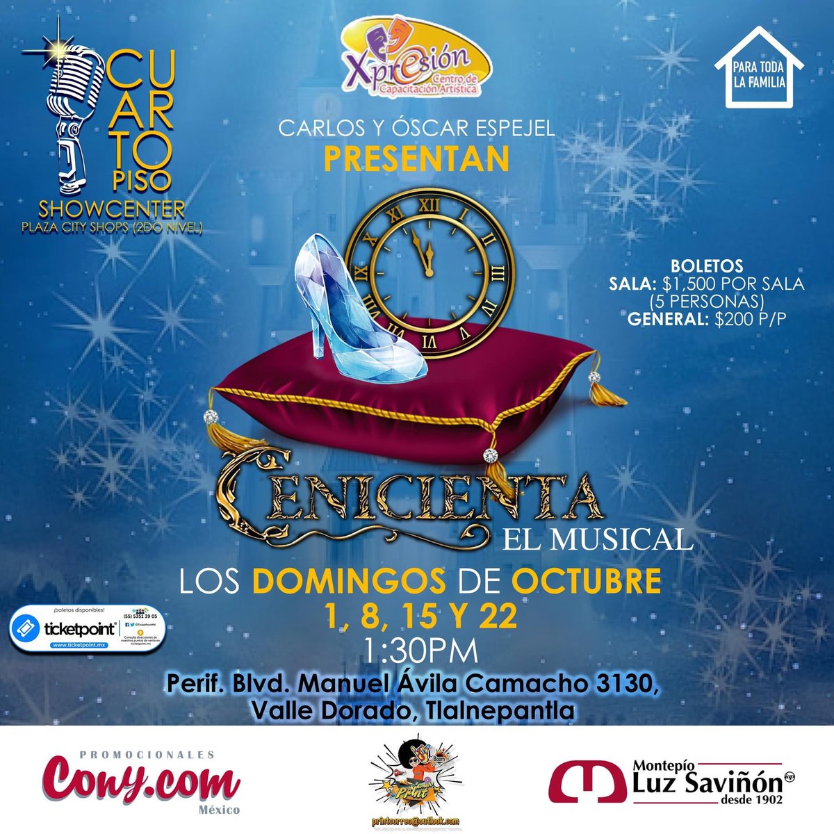 cuartopisoshow's tweet photo. Los domingos de Octubre @xpresionarte presenta Cenicienta, Domingos 1, 8, 15 y 22 a la 1:30pm

Boletos en taquilla, abierta de 1pm a 8pm de Martes a Domingo o también los puedes comprar en el siguiente enlace https://t.co/RpNDA8gIJ7

#CuartoPiso #Showcenter #Cenicienta #Xpresion https://t.co/wcFNqyXg5D
