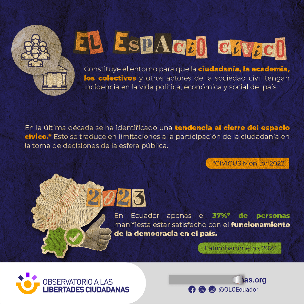 OLCEcuador's tweet photo. En Ecuador, apenas el 37% de ciudadanos manifiesta estar satisfecho con el funcionamiento de la #democracia. ¿Nuestras instituciones nos generan confianza? 

Pronto conocerás una iniciativa que compartirá la información sobre las libertades civiles en #Ecuador. https://t.co/B3arDhSFGk