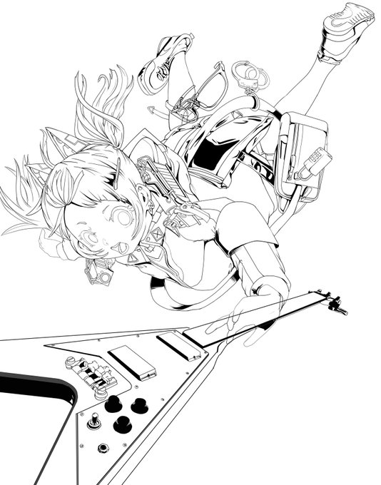 昔描いた線画。フライングVは飛ぶのだ🎸 