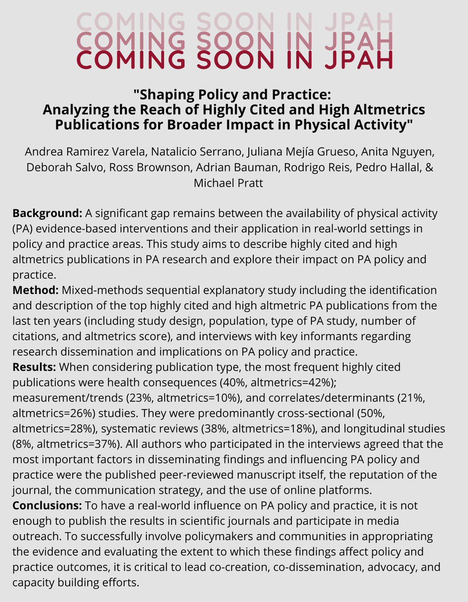 Journal of Physical Activity & Health (@jpahjournal) on Twitter photo 📣 Our latest accepted article explores the vital role of knowledge translation in shaping #PhysicalActivity policy and practice
<a href="/AEpidemiologa/">AEpidemiologa</a> <a href="/DrNatSerrano/">Natalicio Serrano, PhD</a> <a href="/JulianaMegru/">Juliana Mejía Grueso</a> <a href="/DebSalvoD/">Dr. Deborah Salvo</a> <a href="/rcbrownson/">Ross Brownson</a> <a href="/AdrianBauman/">Adrian Bauman</a>, @RodrigoReisPhD @PedroHallal 📣 Our latest accepted article explores the vital role of knowledge translation in shaping #PhysicalActivity policy and practice
<a href="/AEpidemiologa/">AEpidemiologa</a> <a href="/DrNatSerrano/">Natalicio Serrano, PhD</a> <a href="/JulianaMegru/">Juliana Mejía Grueso</a> <a href="/DebSalvoD/">Dr. Deborah Salvo</a> <a href="/rcbrownson/">Ross Brownson</a> <a href="/AdrianBauman/">Adrian Bauman</a>, @RodrigoReisPhD @PedroHallal