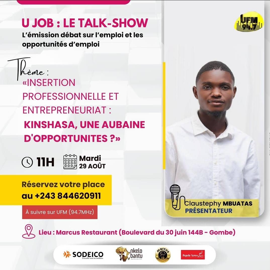 947UFM's tweet photo. #UJob spécial à suivre demain sur à partir de 11h en direct du Restaurant Marcus.
@CMbuatas recevra sur son plateau spécial @GraceEbuwe, @ChristophMukoka, @Gagakate1 et @persideelinda1 autour du thème "INSERTION PRO ET ENTREPRENUEURIAT : KINSHASA, UNE AUBAINE D'OPPORTUNITES ? https://t.co/EGuICxcMRg