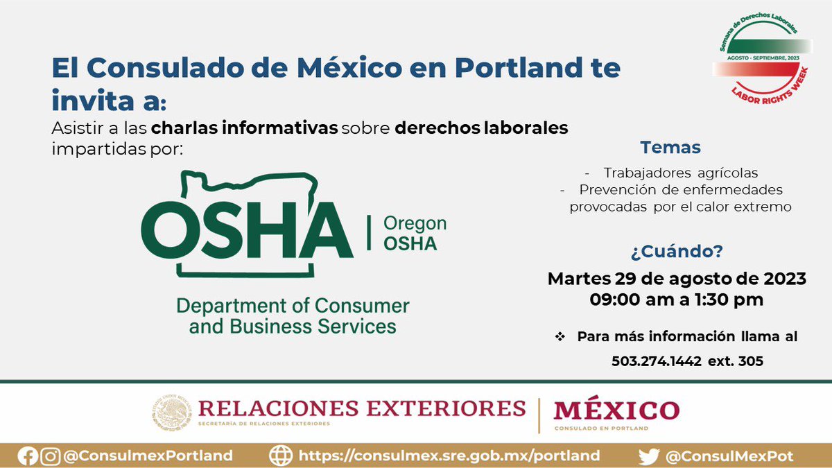 ConsulMexPot's tweet photo. Durante esta temporada de calor, no olvides que tienes derecho a descansar, sombra y agua. Asiste este 29 de agosto a la charla de #OregonOSHA y recibe información valiosa para hacer valer tus derechos como trabajador en esta temporada de calor. #SDL2023 https://t.co/uk8o4U3D3c