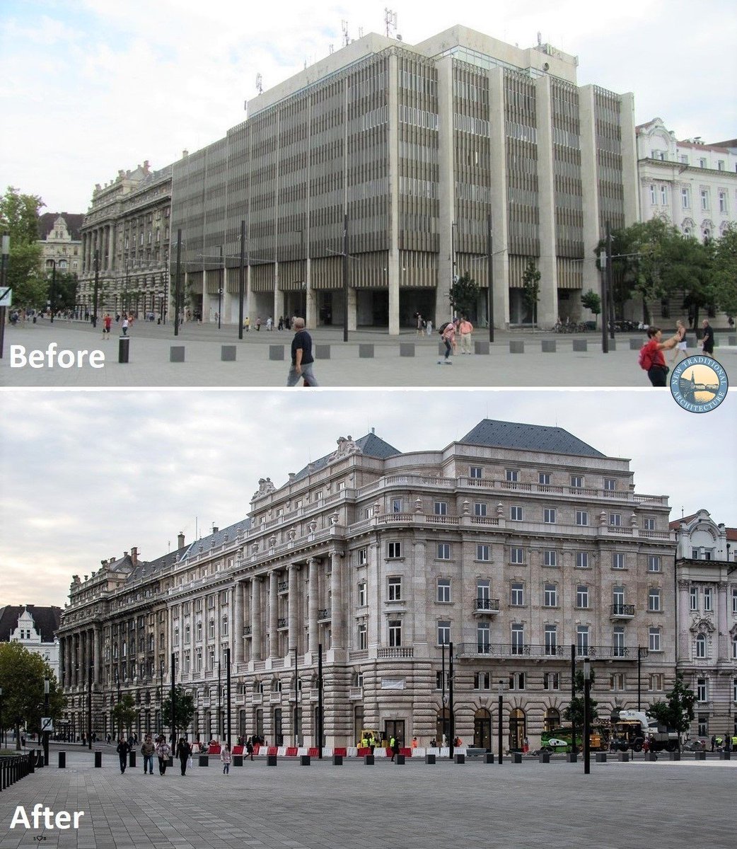 Budapest is healing - the city is erasing the brutalist blight left over from its communist past, and rebuilding lost architecture destroyed during WW2.

A thread of uplifting before and after shots 🧵

1. Realized the original 1920s plans for a building at Kossuth Square