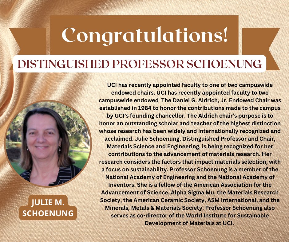 MSEUCI1's tweet photo. Please join me in congratulating Professors Julie M. Schoenung 👏🏼 👏🏼 👏🏼
#distinguishedprofessor #UCIengineering #materialsscience #highereducation #MSE@UCI https://t.co/Z4OXhatx44