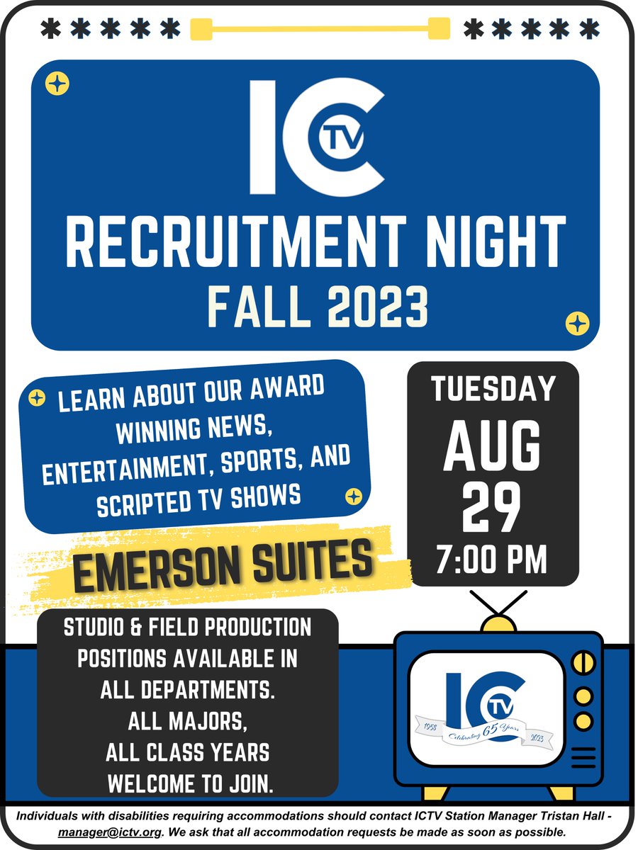 It’s almost that time! ICTV Fall 2023 Recruitment Night is one day away. Join us in Emerson Suites tomorrow, Tuesday 8/29 at 7pm.

Learn about how you can get involved with our award winning news, entertainment, sports and scripted TV shows!

Hope to see you there!