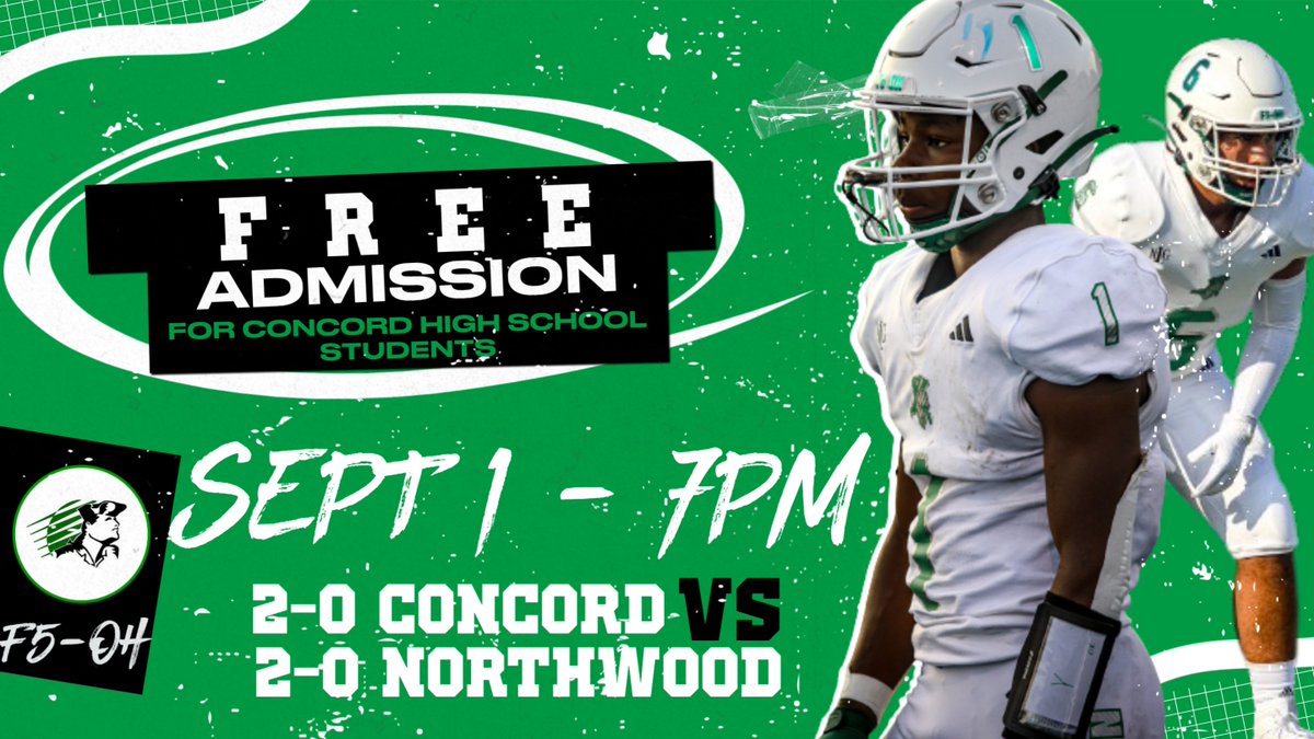 cminutemen's tweet photo. We are excited to announce that a generous Concord patron has sponsored free admission for Concord High School students (only) for Friday's home football game vs. NorthWood!  Please note that this applies to CHS students (grade 9-12) only and student ID is required. https://t.co/3dsoLpMMZ5