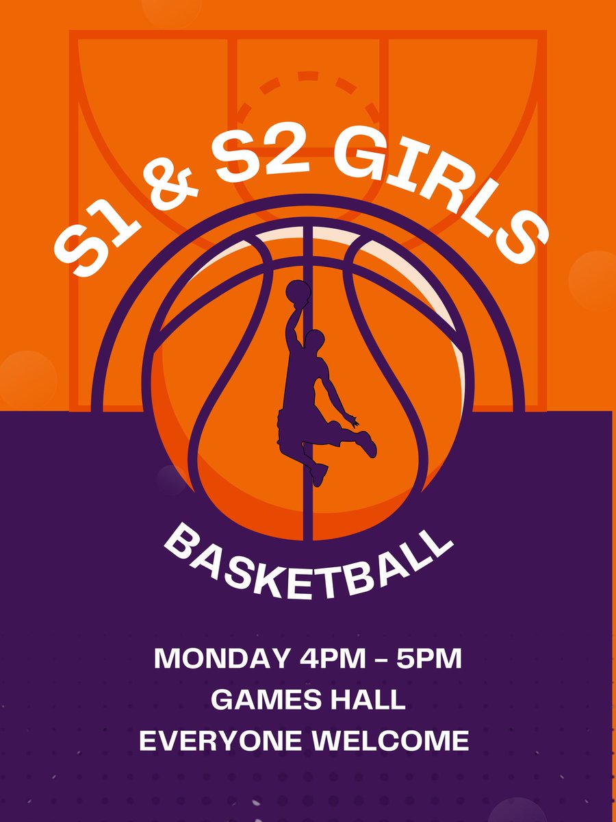 S1 & S2 Girls Basketball 🏀 Club starts back on Monday 4th September! 🥳🥳🥳🥳🥳🥳 If you would like to improve your skills, play games, meet new friends & have fun then come along 😊 Our coaches Molly, Kyla & Caragh are looking forward to meeting you all 👋