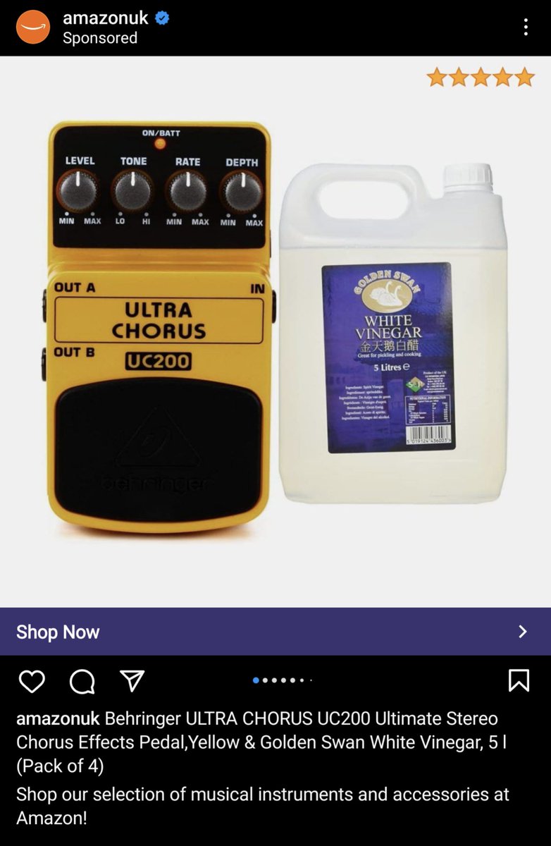 Extremely niche sponsored post from Amazon on Instagram. What is going on here? Why would someone want an effects pedal and 5l of white vinegar?