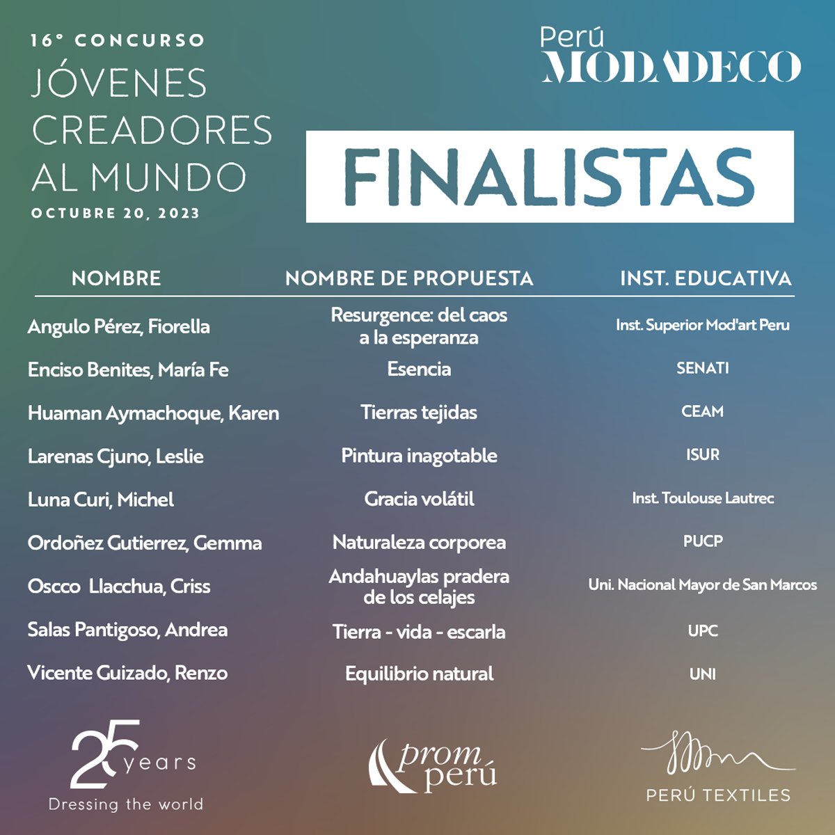 PeruMODA's tweet image. Conoce las novedades del concurso "Jóvenes Creadores al Mundo" , en esta oportunidad anunciamos con mucha alegría a los finalistas🥳
Encuentra más detalles aquí👇
#perumoda2023 #PeruModaDeco #perumoda #promperu