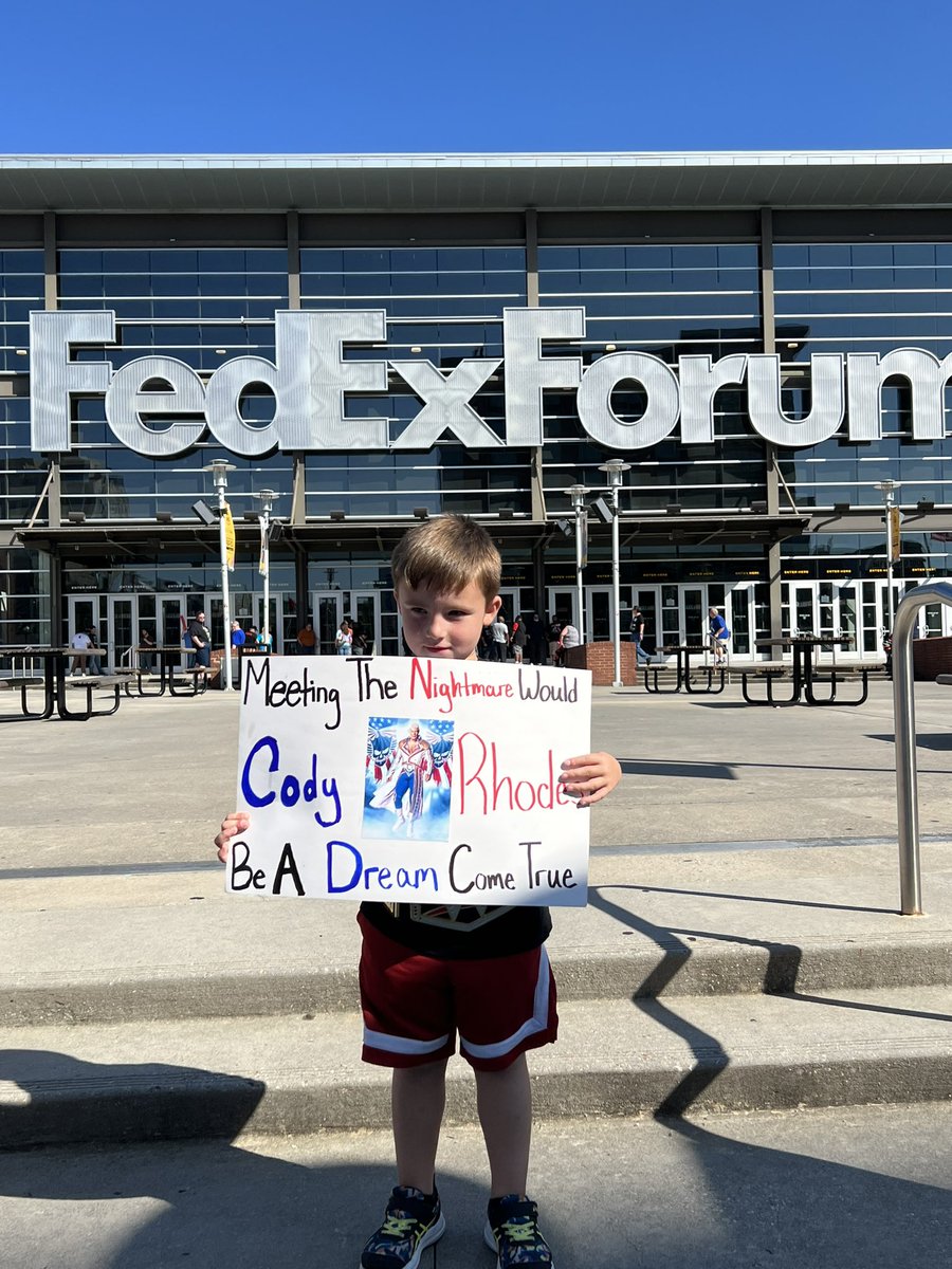 We have arrived. Elam is pumped and hoping to get to meet <a href="/CodyRhodes/">Cody Rhodes</a>! <a href="/ClemonsDustin/">Dustin Clemons</a> and I are pumped to see him experience this!