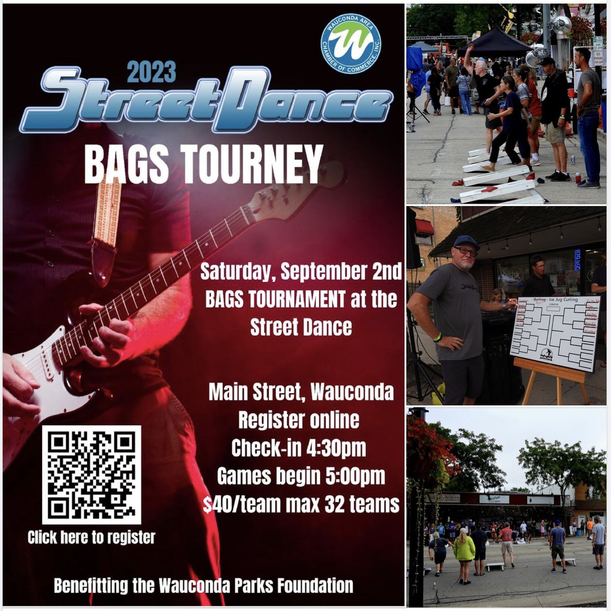 BAGS TOURNAMENT at 2023 Street Dance
Saturday, September 2

Check in at 4:30. Tournament starts at 5pm sharp
::: $40.00 buy in for one team
::: 32 team cap
::: Single Elimination
::: Play to 18, no win by 2

Register now!
store1874430.company.site/Street-Dance-B…