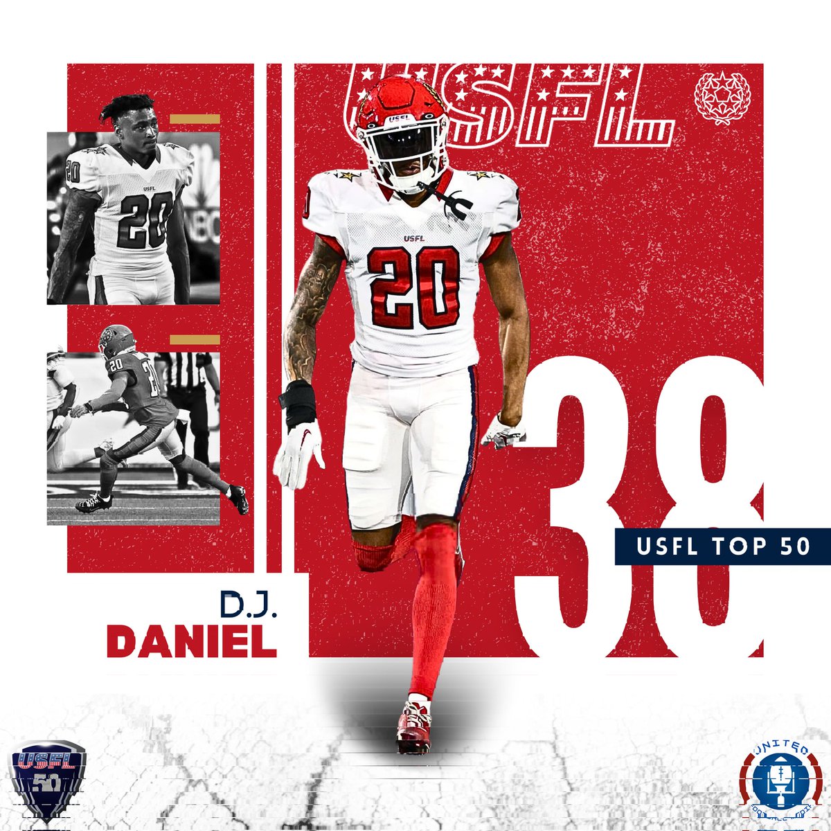 ScoutUSFL's tweet photo. The #38 player of the #USFL50 is @dj_daniel14! 

Daniel had 3 interceptions and 30 tackles and helped lock down the back end of the Generals defense.

Daniel had previously spent time at Georgia and Georgia Military college before joining the USFL last season.

#UFM https://t.co/tDq3RvbCdE