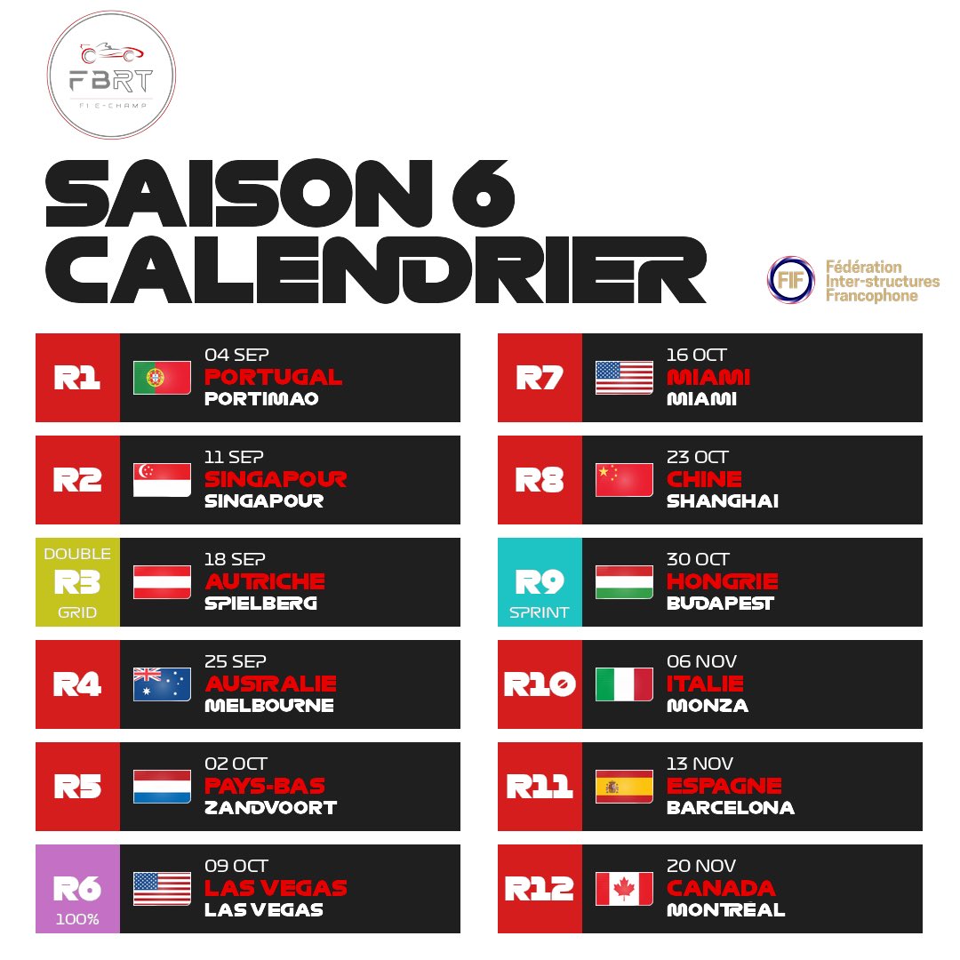 fbrtf1_echamp's tweet photo. 🚨Calendrier Saison 6🚨

Nous pouvons officiellement vous montrer le calendrier de cette saison 6. 🥳

C’est donc au Portugal à Portimao que nous retrouverons nos pilotes pour cet 1re manche. 

Rendez-vous le 4 septembre à 21h sur notre chaîne Twitch. 🏎️

#F123 #F12023 #esport https://t.co/n1QVNUmxgX