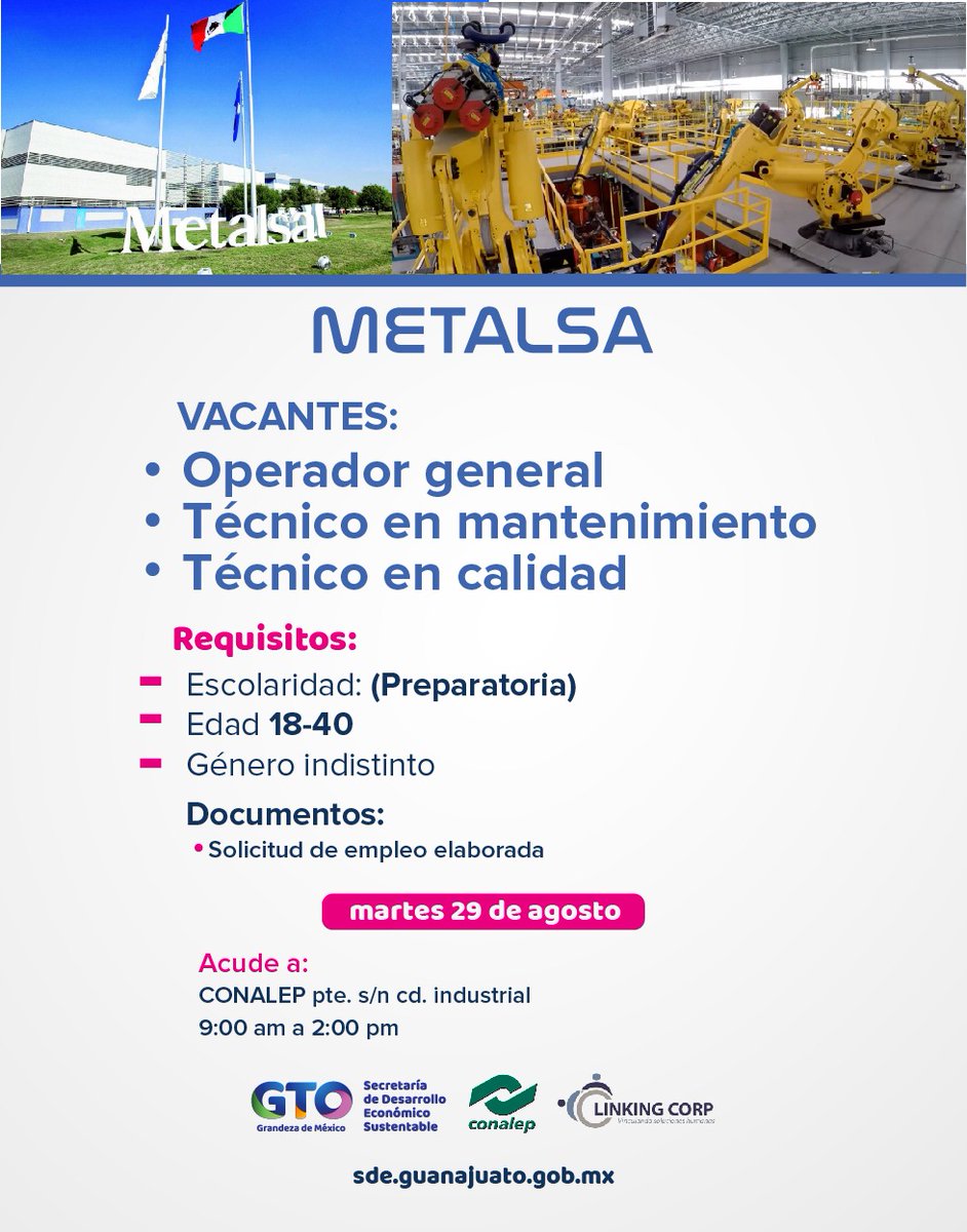 economiagente's tweet photo. Mañana en el #CONALEP de #Celaya no te pierdas el reclutamiento masivo de #Metalsa
😀Prepara tus documentos y participa... es tu gran oportunidad para encontrar un empleo.
#MásEmpleoParaGTO https://t.co/0h3MCtL5X6