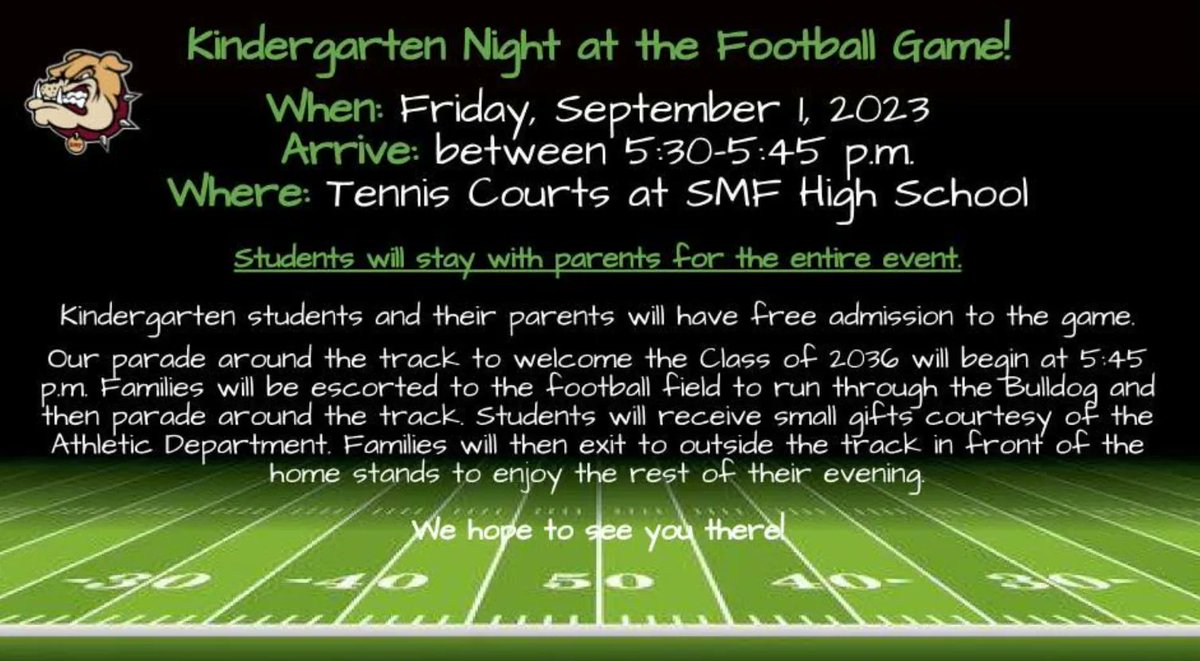 SMFSchools's tweet photo. We can't wait to celebrate our Class of 2036 on the field this Friday! Please join us! #Classof2036 #WelcomeKindergartenBulldogs #BulldogPrideCityWide https://t.co/76TJGjHjPE