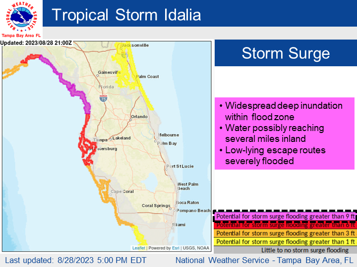 NWSTampaBay's tweet photo. 🌀 Tropical Storm #Idalia has winds of 70mph and will become a hurricane tonight

🌊 8-12' storm surge further north, 4-7' Tampa Bay
🌬️ TS/H force winds depending on location
🌧️ 4-8" rainfall with locally higher amounts
🌪️ Several tornadoes possible

#FLwx https://t.co/jMv5aOMPtN