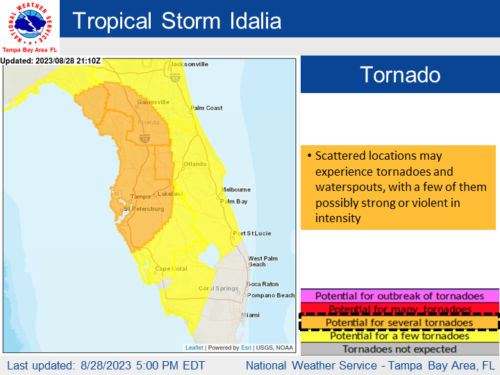 🌀 Tropical Storm #Idalia has winds of 70mph and will become a hurricane tonight

🌊 8-12' storm surge further north, 4-7' Tampa Bay
🌬️ TS/H force winds depending on location
🌧️ 4-8" rainfall with locally higher amounts
🌪️ Several tornadoes possible

#FLwx
