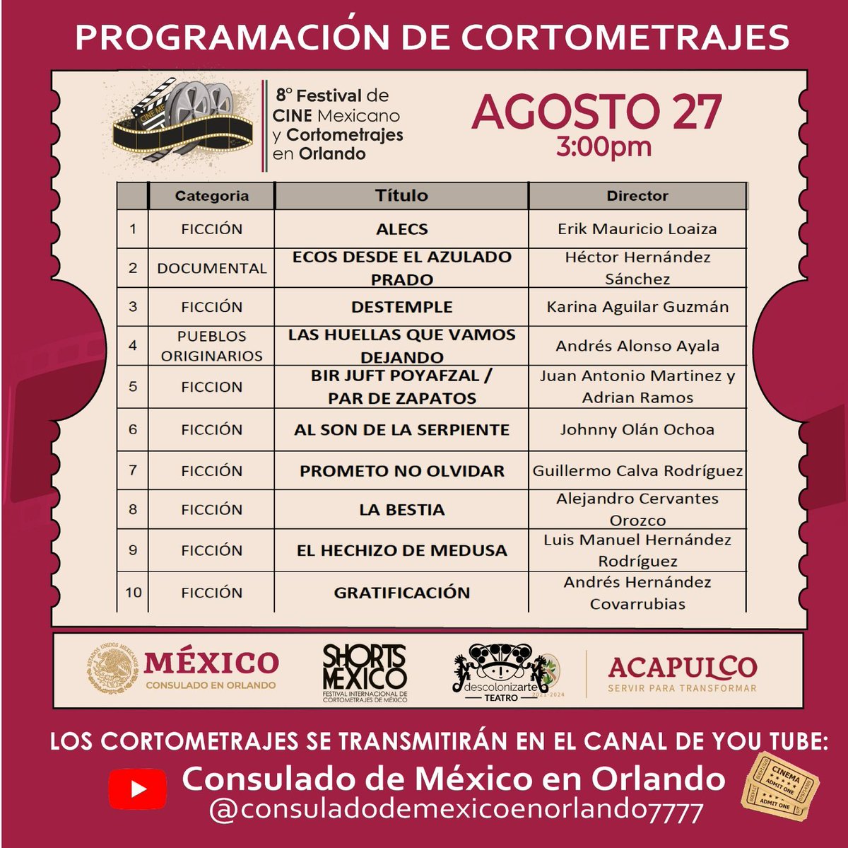 Juansabinesg's tweet photo. Hoy inauguramos la 8ava edición del Festival de Cine Mexicano y Cortometrajes en Orlando, para mostrar el talento y cultura mexicana con la película invitada de @ArturoTay Accidental Expat, película que muestra la realidad de los dreamers.

El Festival cuenta con un jurado de lujo: @alangut16, @jorgemam de @shortsmexico @IsaacBasulto, 
Rolando Martínez y Estrella Medina y Javier Olarte de @descolonizarte
Con 5 categorías:
Ficción
Documental
Animación 
Inclusión y
Pueblos Originarios.

Aquí pueden ver la progrmación de hoy
https://t.co/YsbJgvKwIX