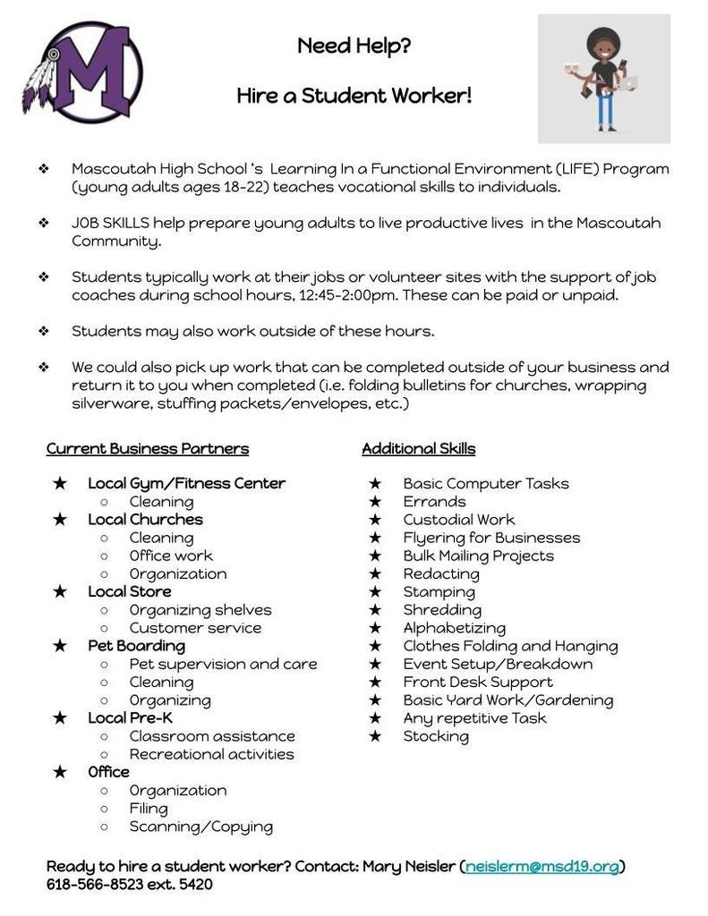 M19_MHS's tweet photo. Young adults in the MHS LIFE program began their community worksites! Student workers volunteer at a variety of local businesses to gain job skills. Interested in hosting supported student workers or have jobs that can be done off site, see below! #OneTeamOneTribeOneFamily https://t.co/ojacvPPU1M