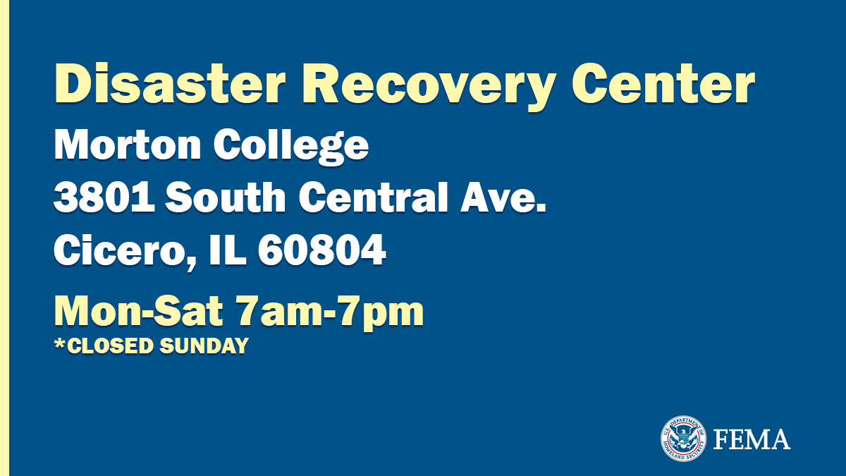 FEMA has opened Disaster Recovery Centers (DRC) including in <a href="/TownofCicero/">Town of Cicero</a> <a href="/mortoncollege/">Morton College</a>  where residents who suffered flood damage can get assistance if they have not already applied online
thetownofcicero.com/post-flood-dis…