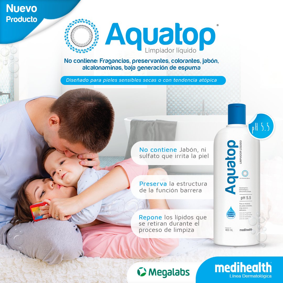 #Aquatop Limpiador suave de uso diario, 💦 para todo el cuerpo, diseñado para la limpieza de las pieles atópicas, sensibles, muy secas y delicadas que son intolerantes a los limpiadores y jabones convencionales

#Medihealth #Megalabs