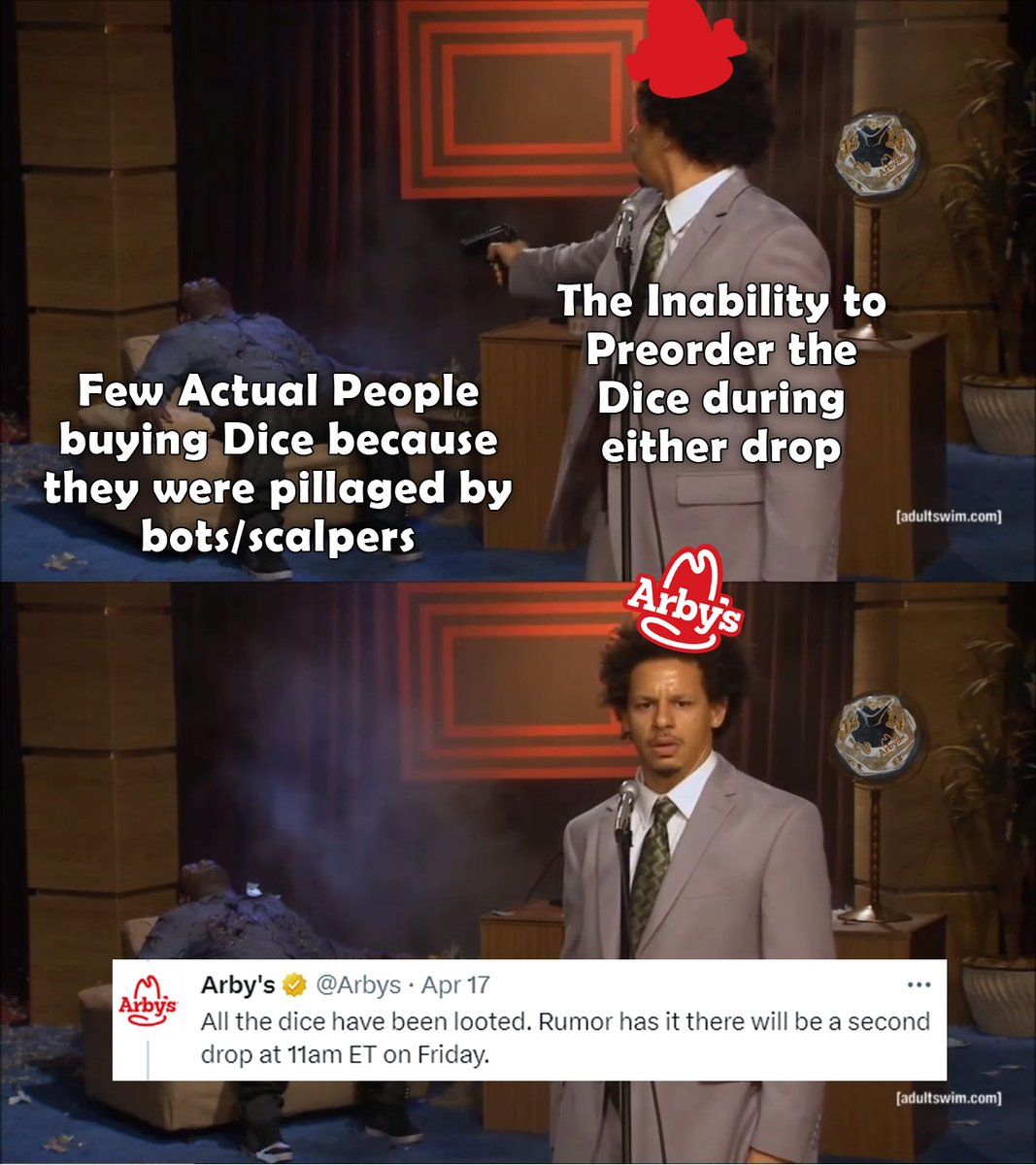 ArtySelina's tweet photo. @Arbys @iceboxcoolstuff We haven't forgotten. I beseech thee, allow us to preorder the dice. Don't let us fade away with a memory of such anguish, such pain.
#Arbys #DnD #EricAndre #Memes https://t.co/XVwi1CLDNv
