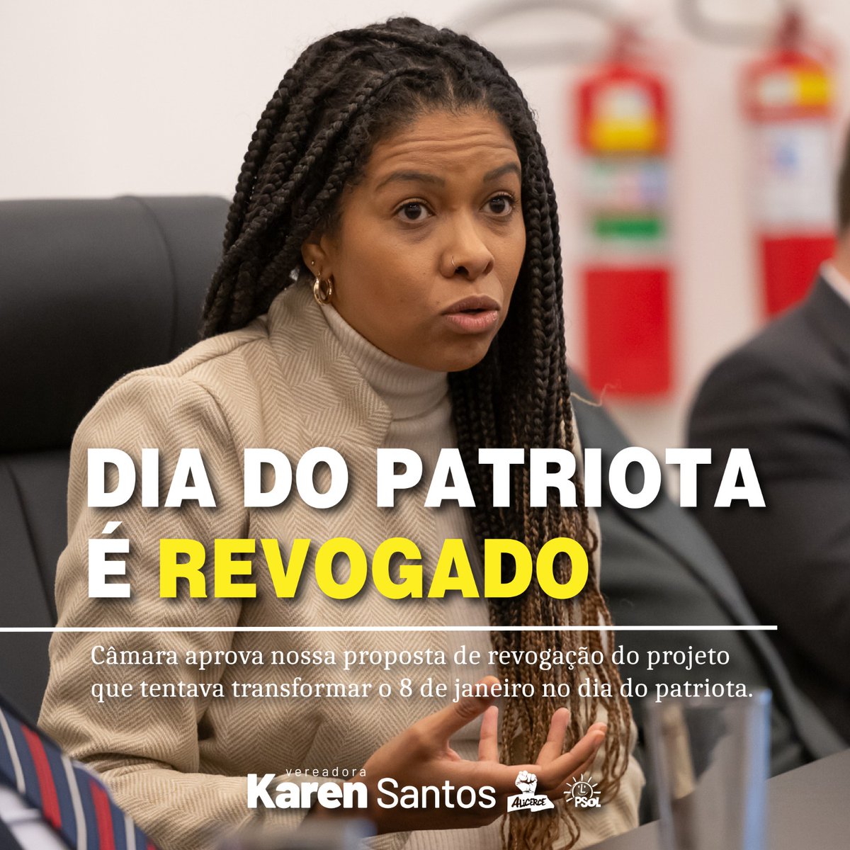 🗣Conseguimos! A pressão nacional e vexatória deu resultado! 
O projeto que tentou transformar o dia 8 de janeiro no dia do patriota foi derrotado na câmara de vereadores de POA! 
Conseguimos articular com os vereadores da casa a proposta de revogação, votada por unanimidade.
