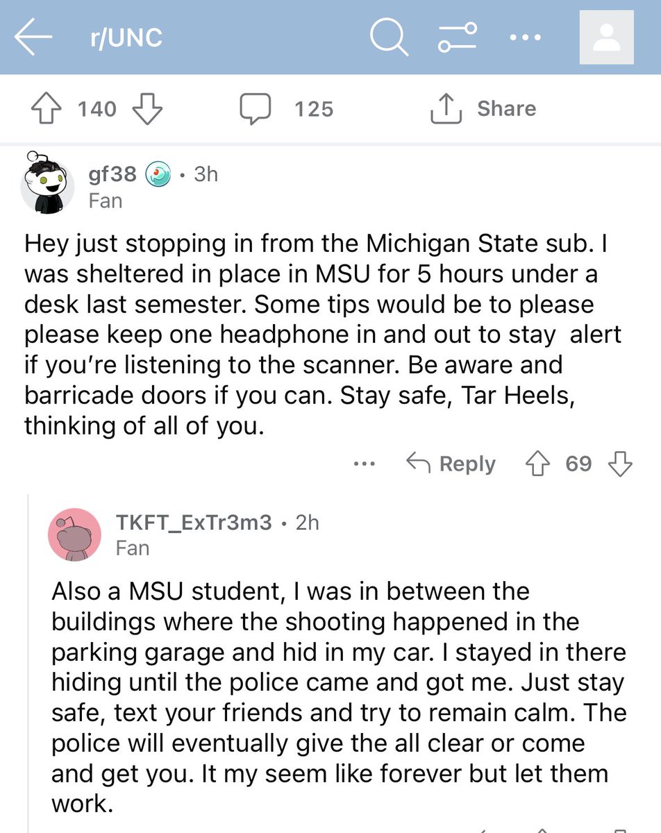 will_doran's tweet image. Sign of the times: On the UNC subreddit thread about today’s shooting, people from other universities with shootings are chiming in to offer support—or even advice for what to do when hiding from a potential shooter on campus