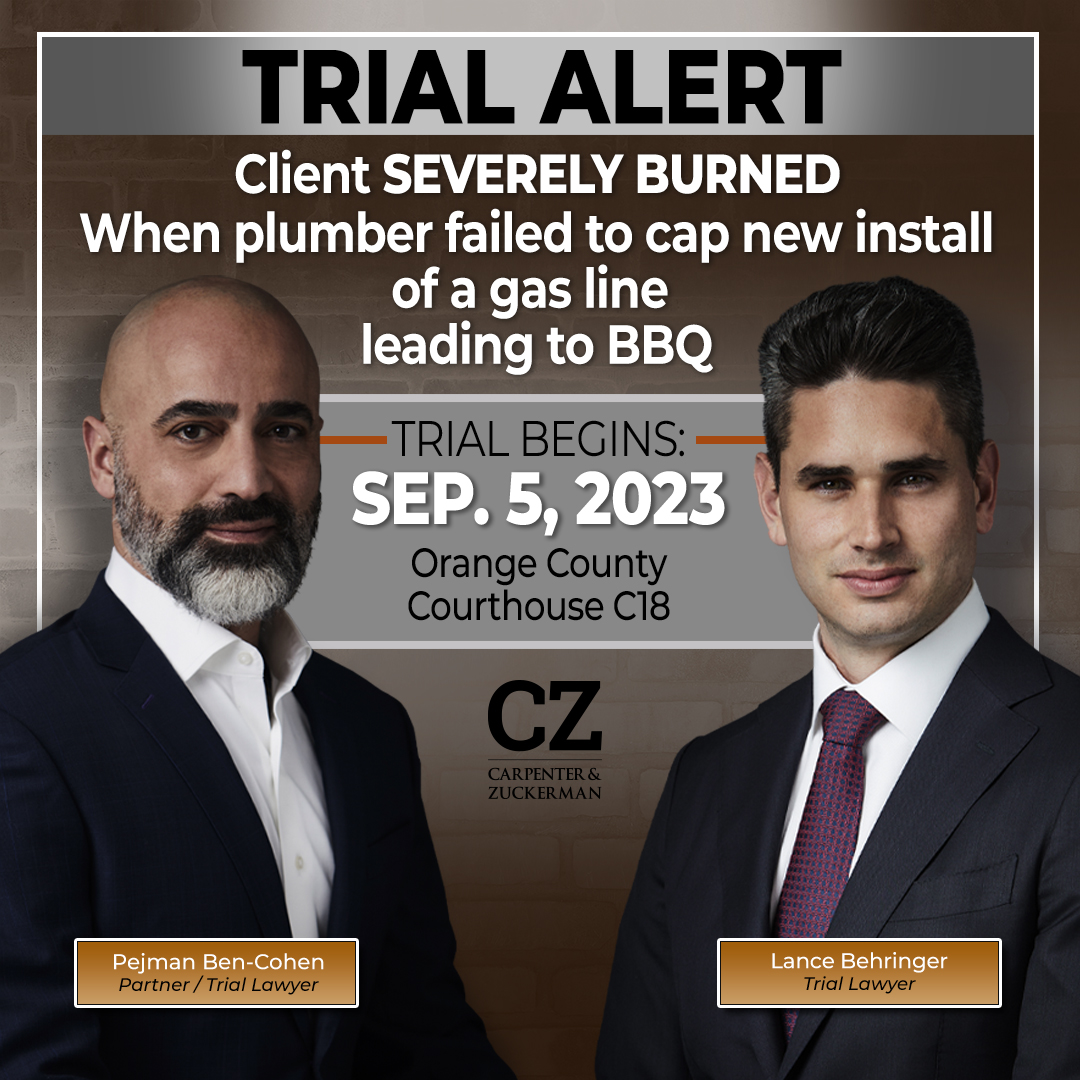 #CZLaw #Partner Pejman Ben-Cohen and #TrialLawyer Lance Behringer will begin #Trial in a #PersonalInjury case at OC Courthouse C18 on Sep. 5. Their client sustained severe burns when unsafe BBQ piping caused a gas leak and exploded. Stay tuned as Pej &amp; Lance fight for justice! 📅