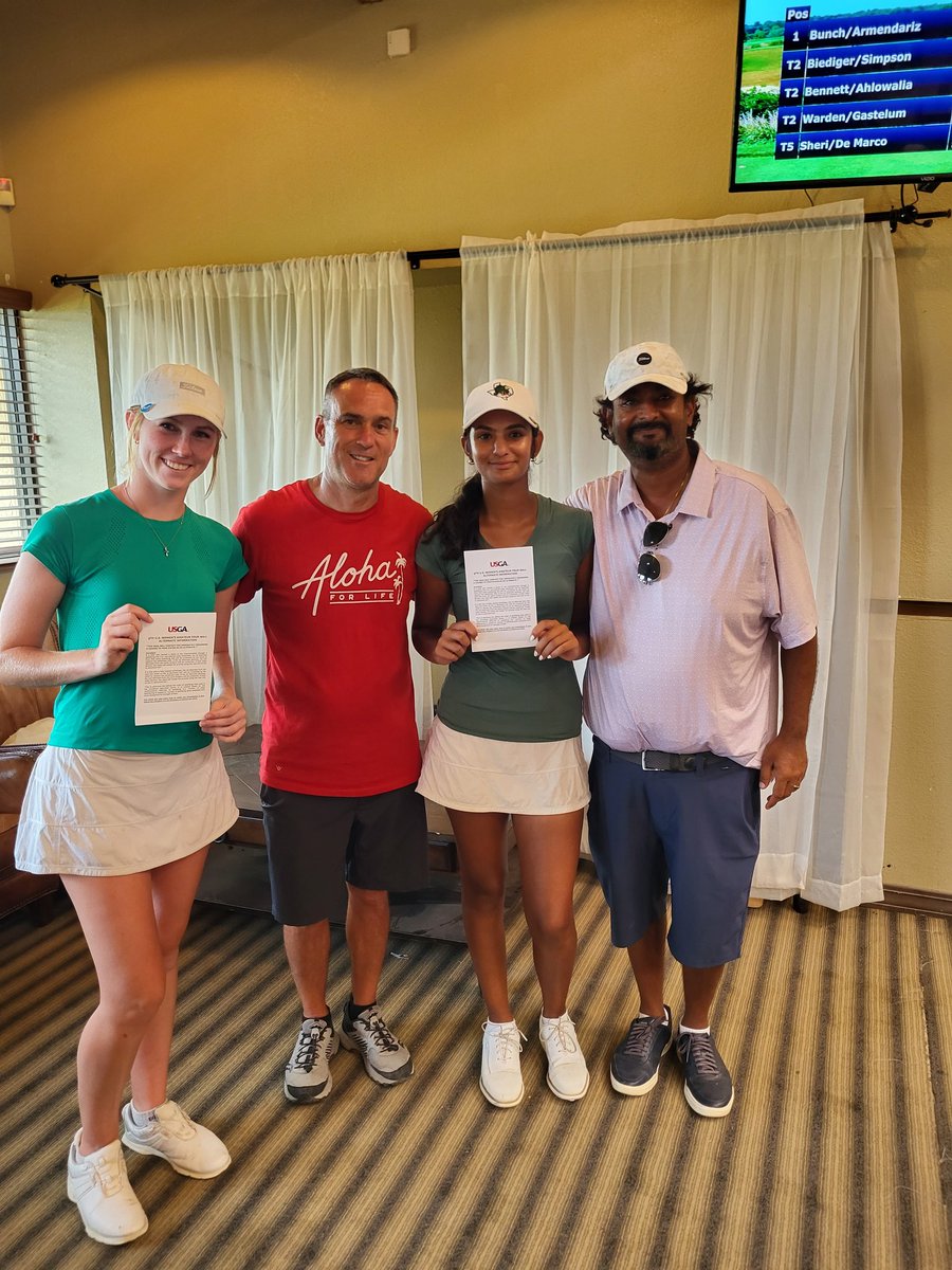 KateBennettGolf's tweet photo. We shot -6 in @USGA #USWFourBall qualifier - not quite enough to get it done! 8 biridies & a huge win in the playoff for 1st Alternate! Thanks #SCAGA & #PaintedDunesDesert for being fine hosts! Love @ElPasoTXGov #KateBennett #ALLinAVL #UNCA #BoomDawgs #TeamTitleist #Vision54 https://t.co/16en86O4sy