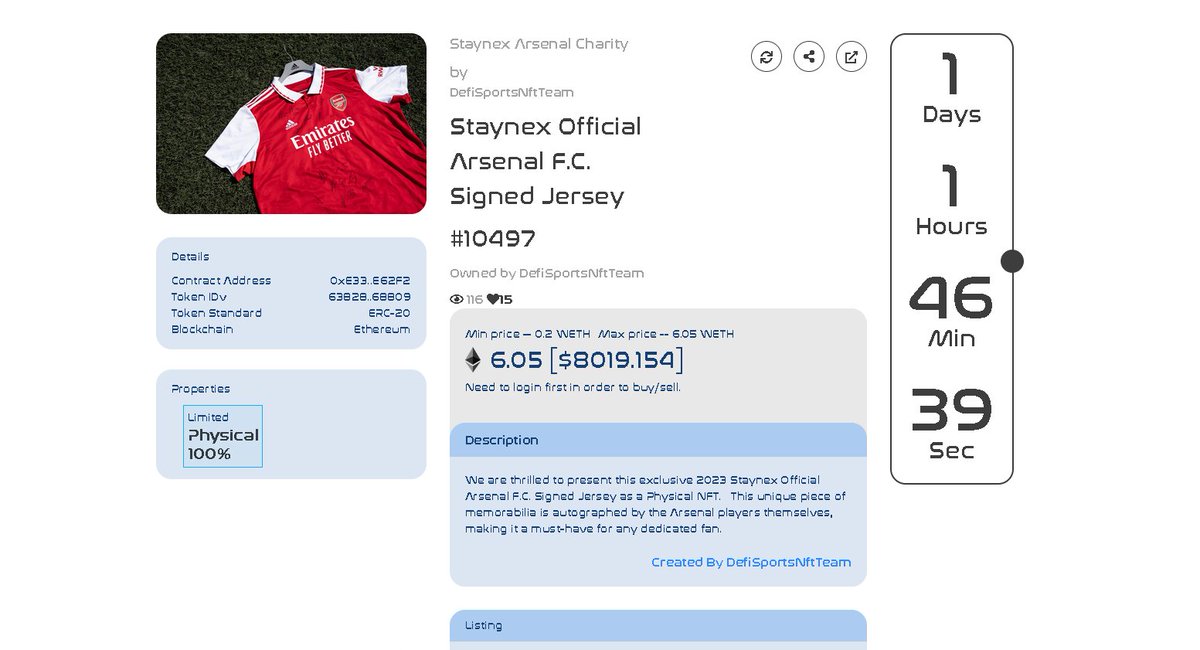 DefiSportsCoin's tweet photo. The first ever RWA tokenized player jersey is live on DSC Marketplace with the first bidding offer at 0.21 ETH 🟦

Who will take this Physical NFT home? 

FYI: 20 Signatures by Arsenal Offical Team + Certificate of Authenticity 🟥

#NFT #ERC721 #Marketplace #sports #ETH #Arsenal https://t.co/sCzuAXTHgx