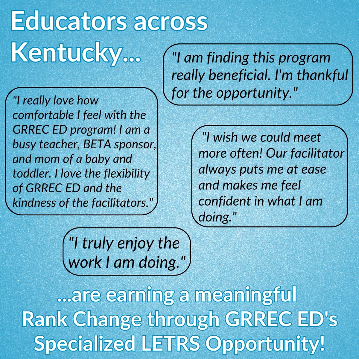 rankchangeky's tweet photo. KY Educators!
Are you participating in LETRS? Did you know you can use this work to help you earn a Rank Change through the GRREC ED KY Rank Change Program's Specialized Cohorts for LETRS Participants?  Don't miss out! Deadlines approaching!
Questions? Email grreced@grrec.org https://t.co/9THDZMifqI